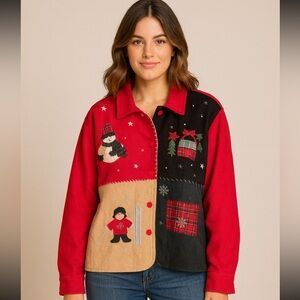 Take Two Womens XL Red Holiday Wool Blend Nostalgic Appliqué Embroidered
